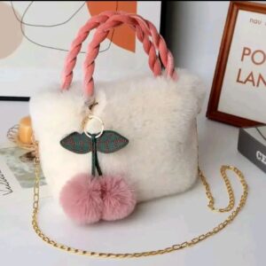 white fluffy  hand bag