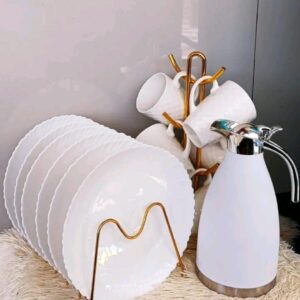 13pcs dinner  set , ceramic  6 pcs of plates , large ceramic  cups a modern flask