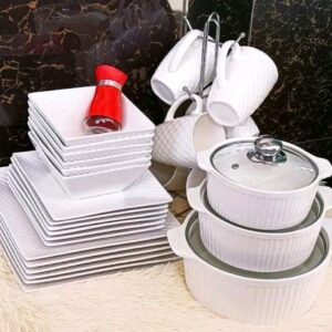 31 square  dinner set of plates,  6 side plates,  6 bowls,  6 mugs,3 serving  bowls  ,3 lids